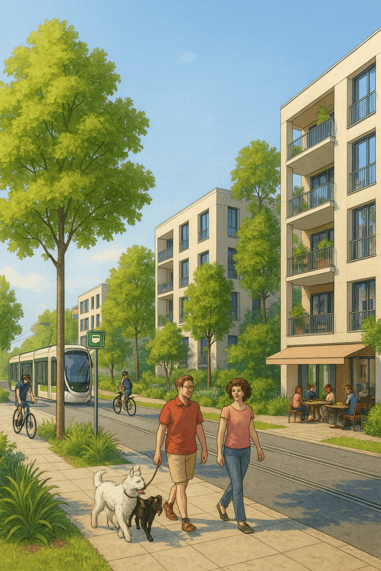 Quartier urbain moderne et animé